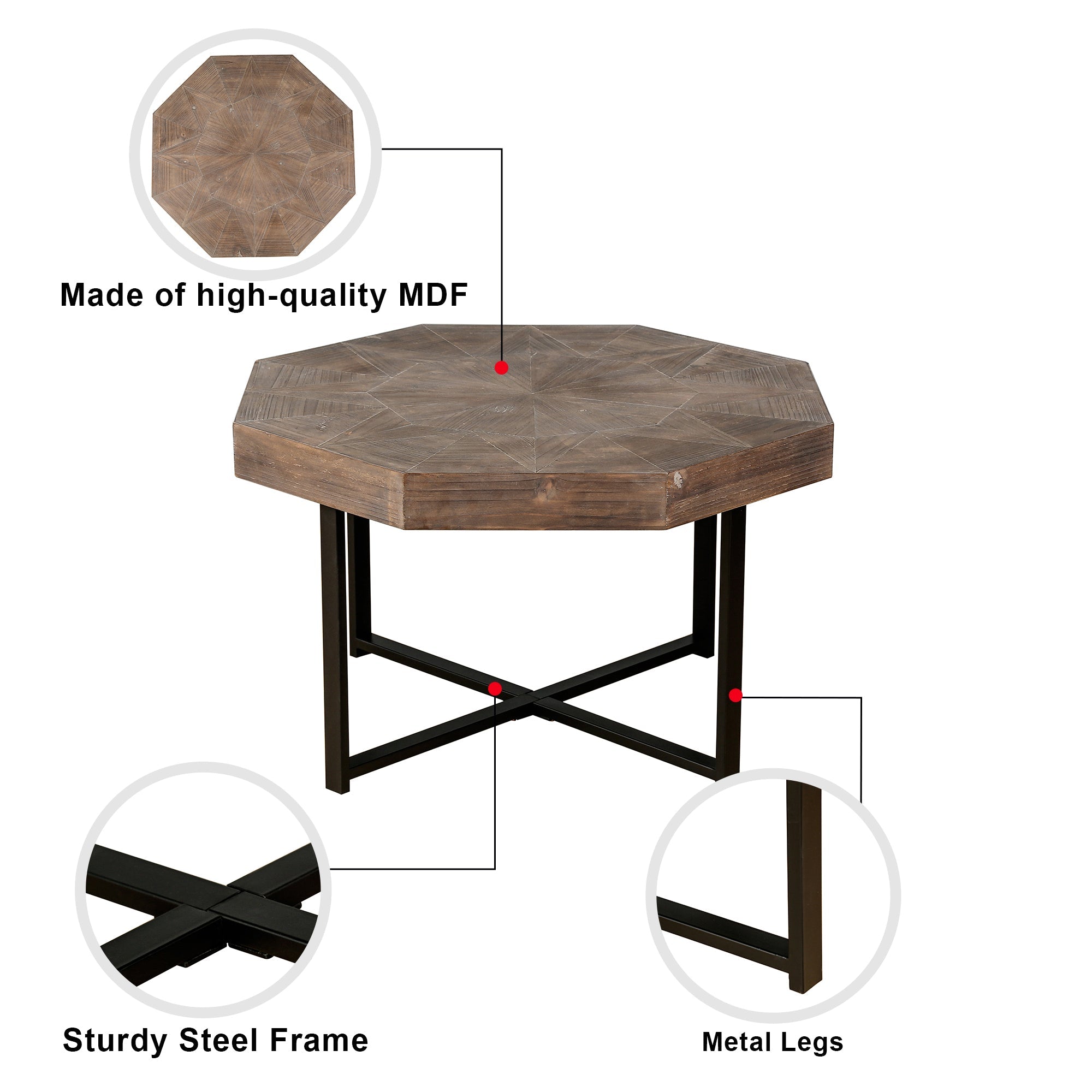 Wood Octagonal Vintage Patchwork Craft Farmhouse Coffee Table