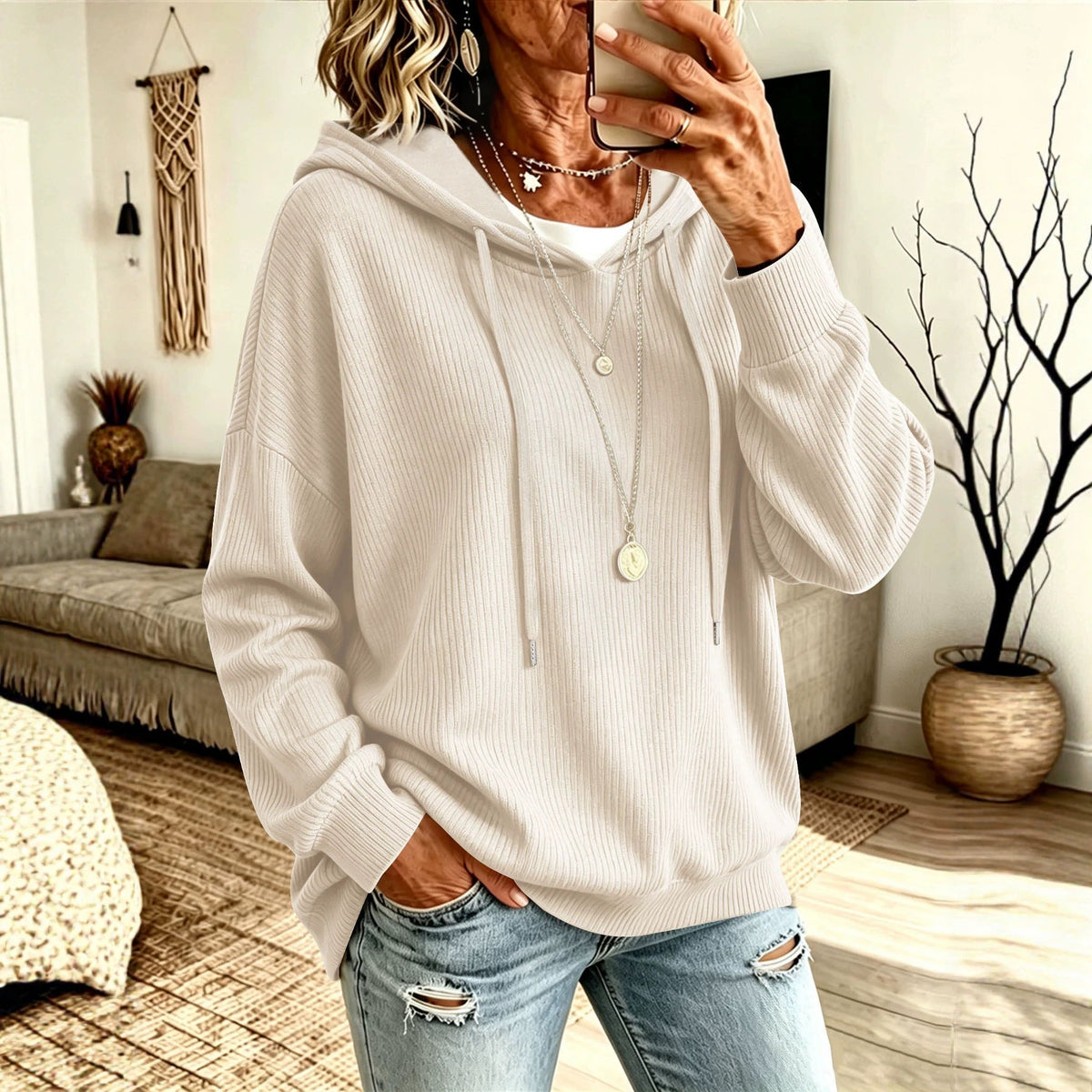 European Size Cross-border Solid Color Drawstring Hooded Knitted Sweater Casual Pocket Loose Slimming Large Size Women's Outer Top