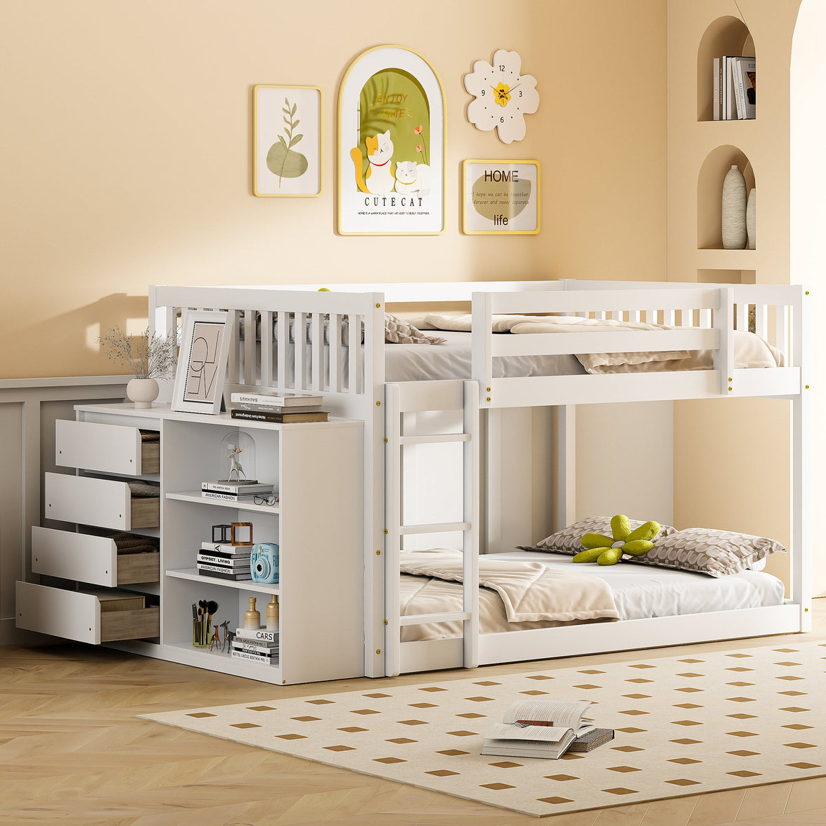Full Over Full Bunk Bed with 4 Drawers and 3 Shelves - White