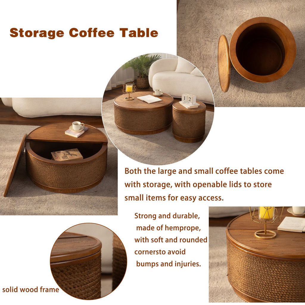 Round Rattan Coffee Table with Lift-Off Lid Storage