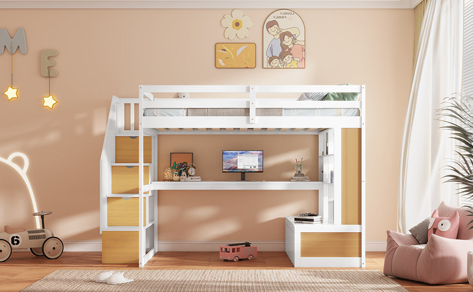 Full Size Loft Bed With Desk And Shelves, Two Built-in Drawers, Storage Staircase