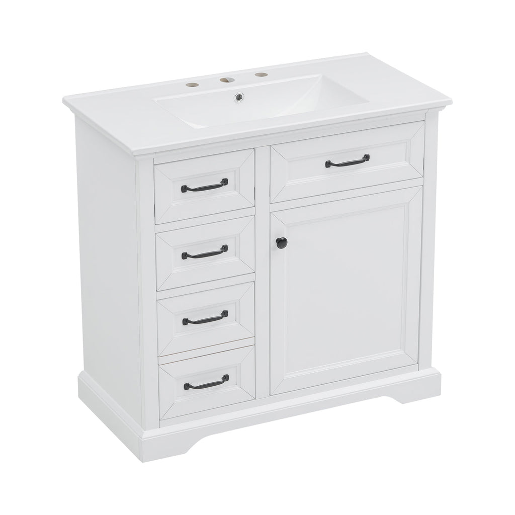 36-Inch Bathroom Vanity with Ceramic Sink Top, 4 Drawers and 1 Soft-Close Door