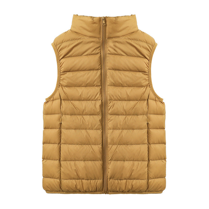 Womens Thin-style Down Vest, Cross-border, Two-way Zipper, 90 White Duck Down, Short Length