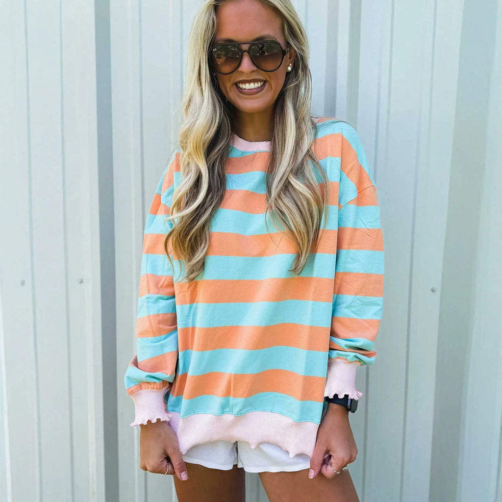 Pullover Crewneck Relaxed-fit Minimalist Striped Colorblock Sweatshirt