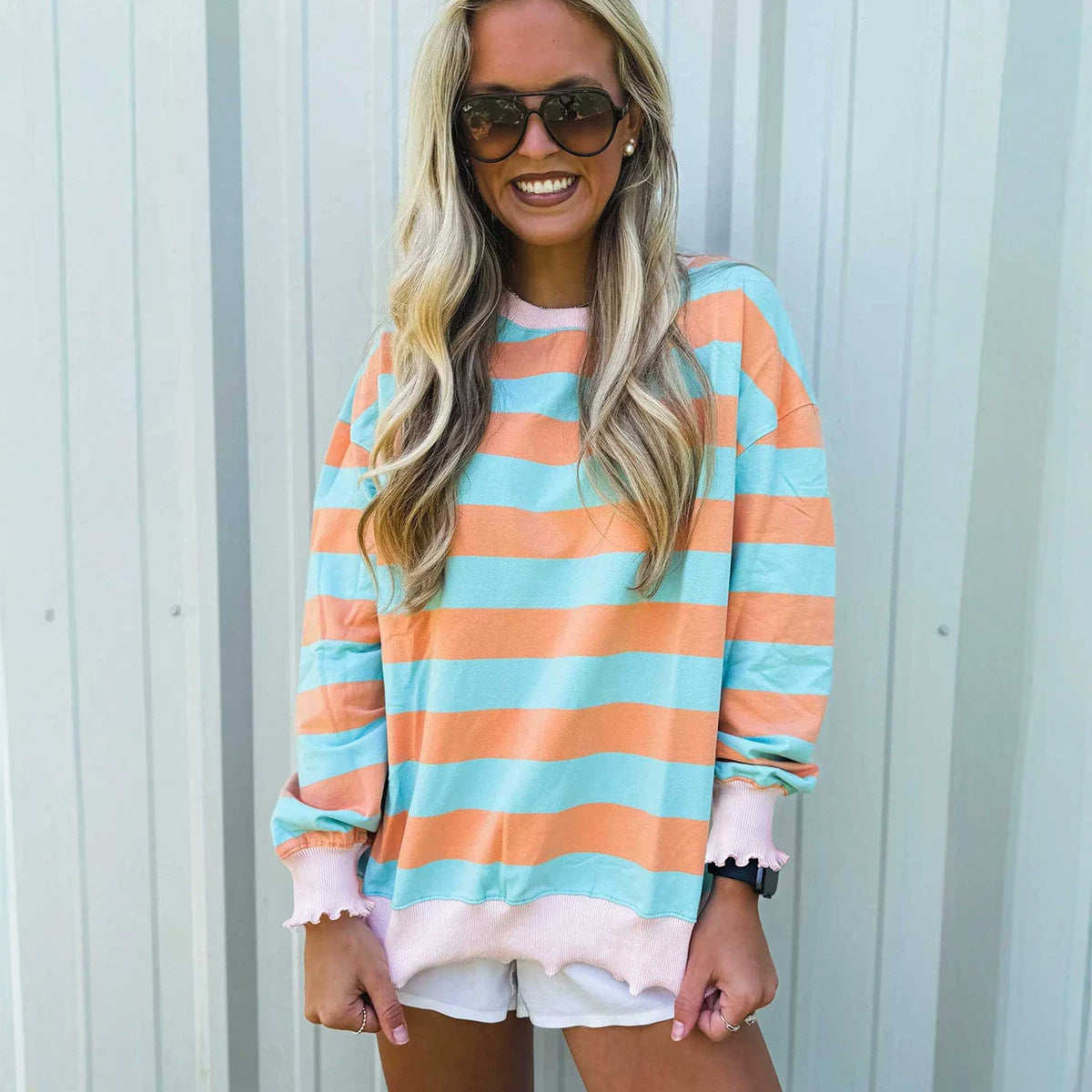 Pullover Crewneck Relaxed-fit Minimalist Striped Colorblock Sweatshirt