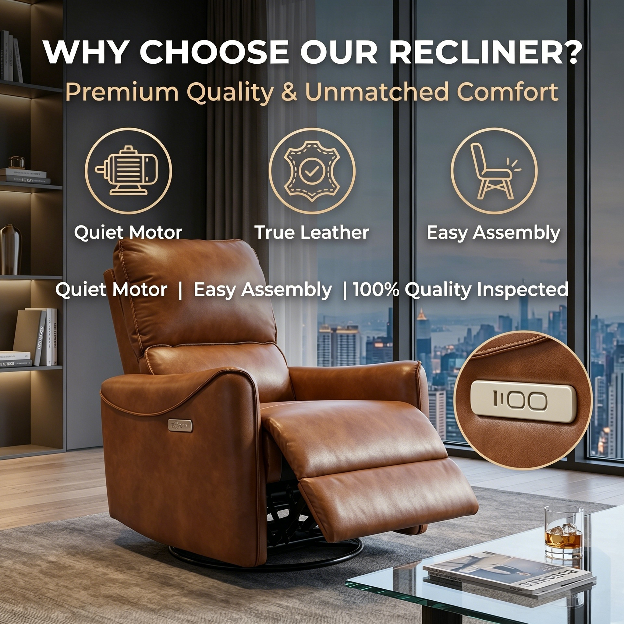 Brown Color Air Leather Electric Recliner Chair with Rocker and Swivel