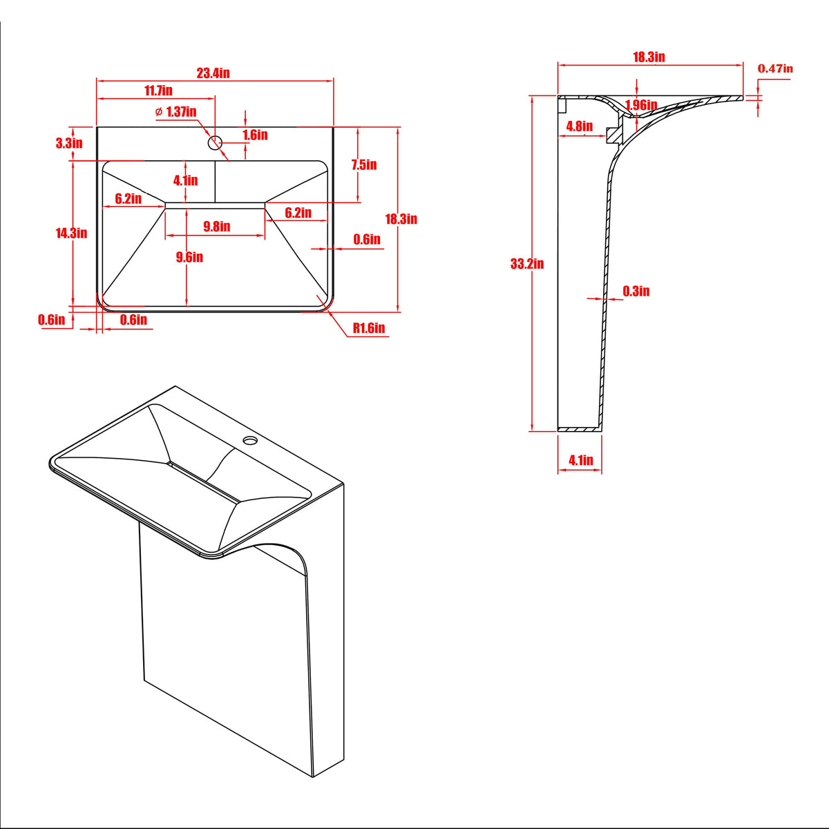 Modern Wall-Mounted Solid Surface Pedestal Sink