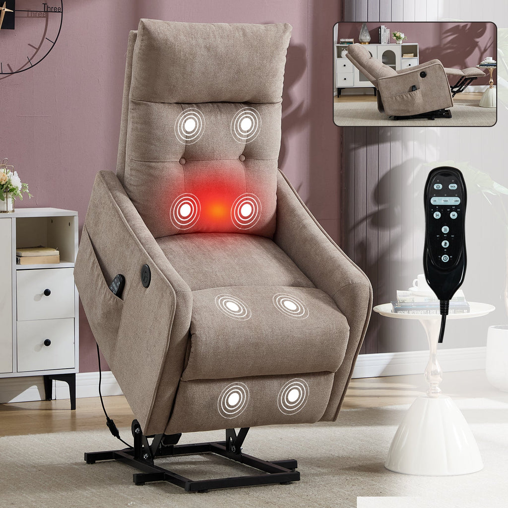 Khaki Chenille Power Lift Recliner Chair with Massage and Heat
