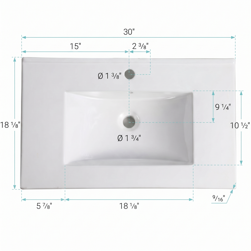 30-Inch Ceramic Bathroom Vanity Sink Top with Single Hole