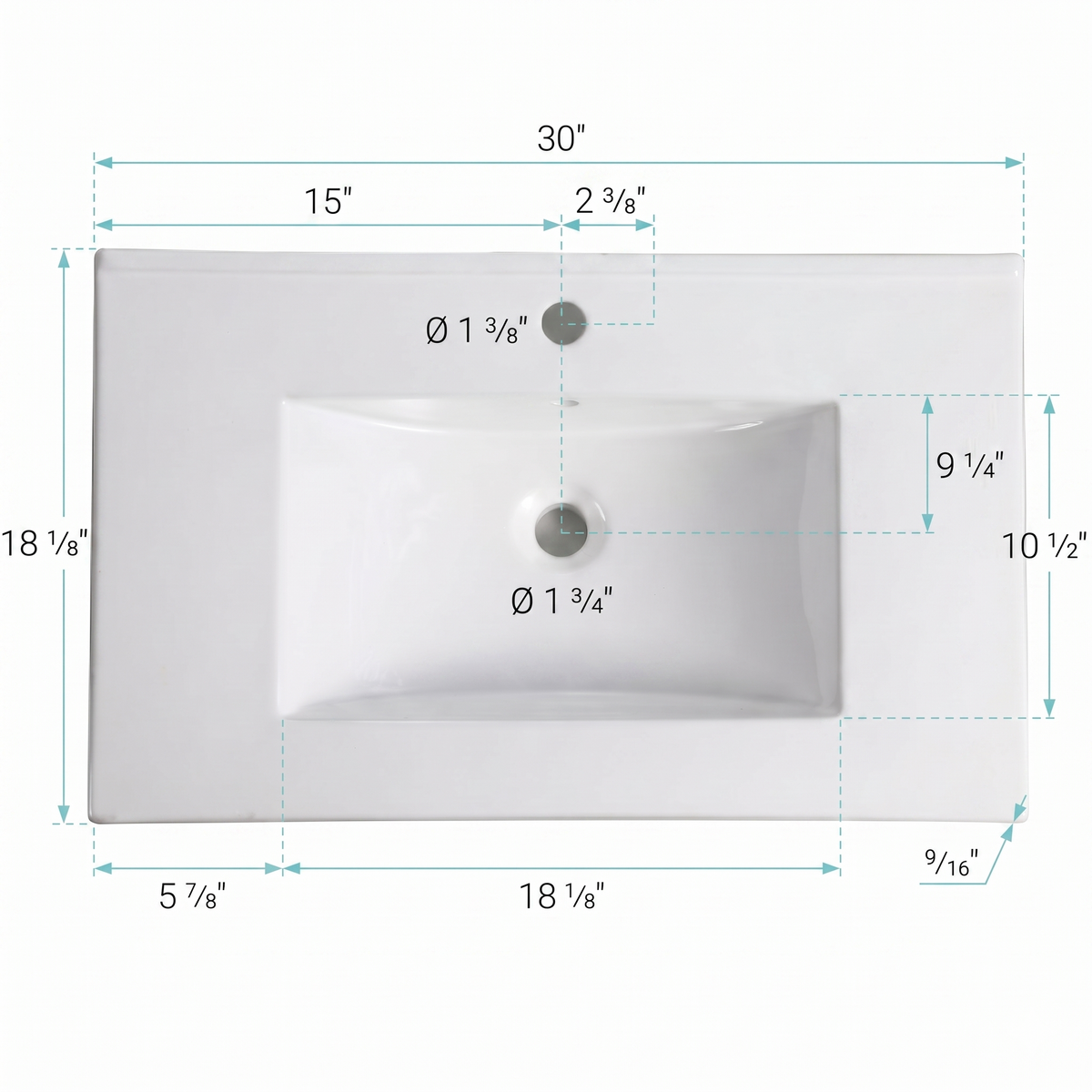 30-Inch Ceramic Bathroom Vanity Sink Top with Single Hole