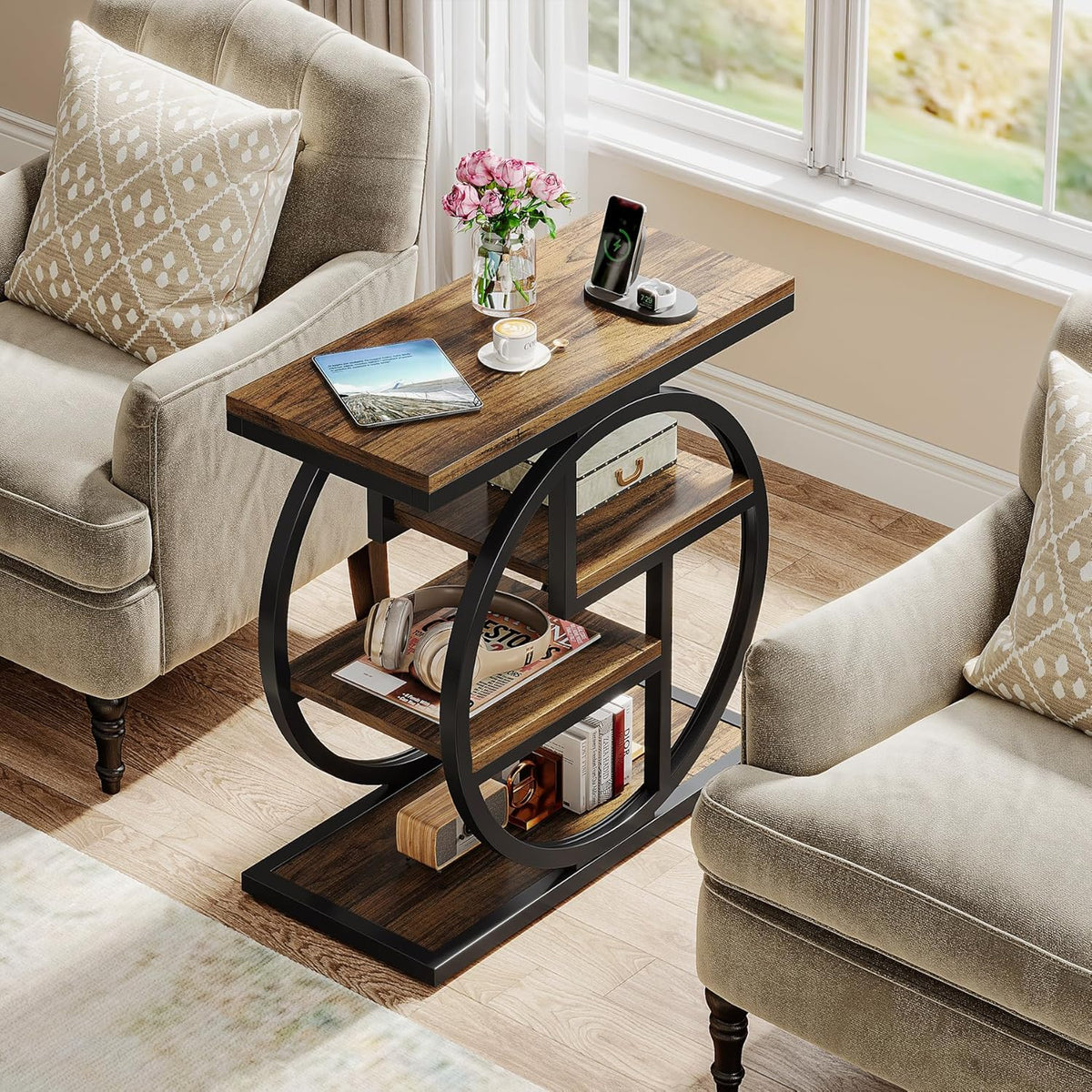 25.59" Industrial 4-Tier Narrow End Table with Storage Shelves