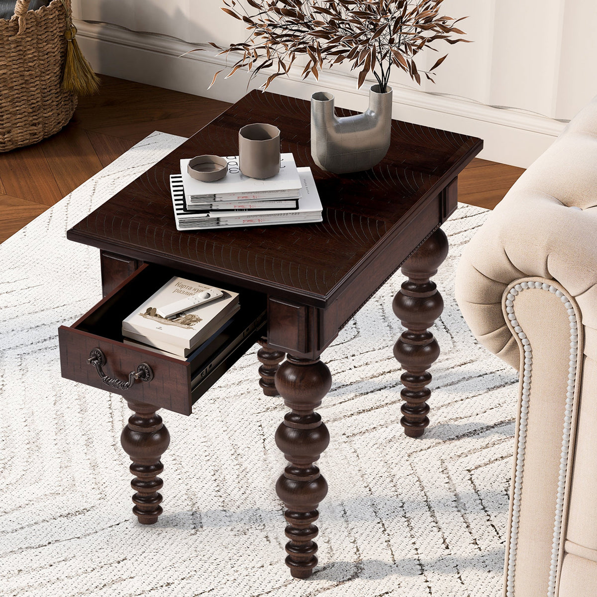 Solid Wood End Table with Drawer