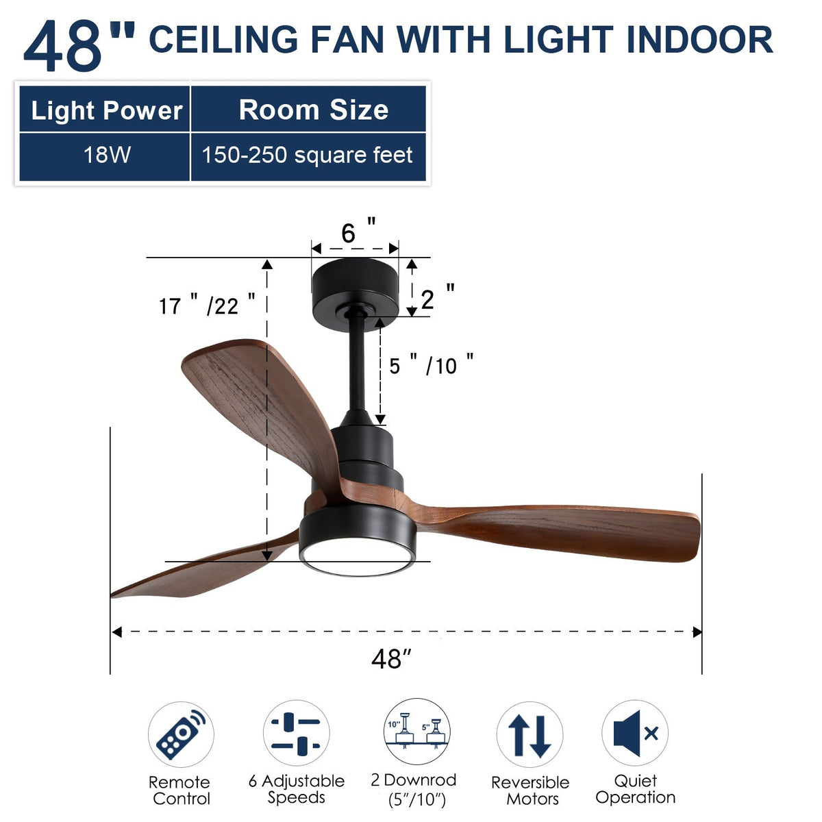 48 Inch Wood Ceiling Fan With 3 Solid Wood Blades