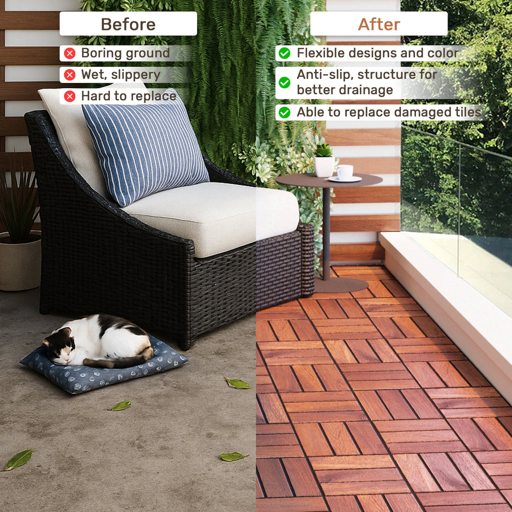 Acacia Wood Interlocking Deck Tiles Checker Pattern, 10PCS 12" x 12" Square