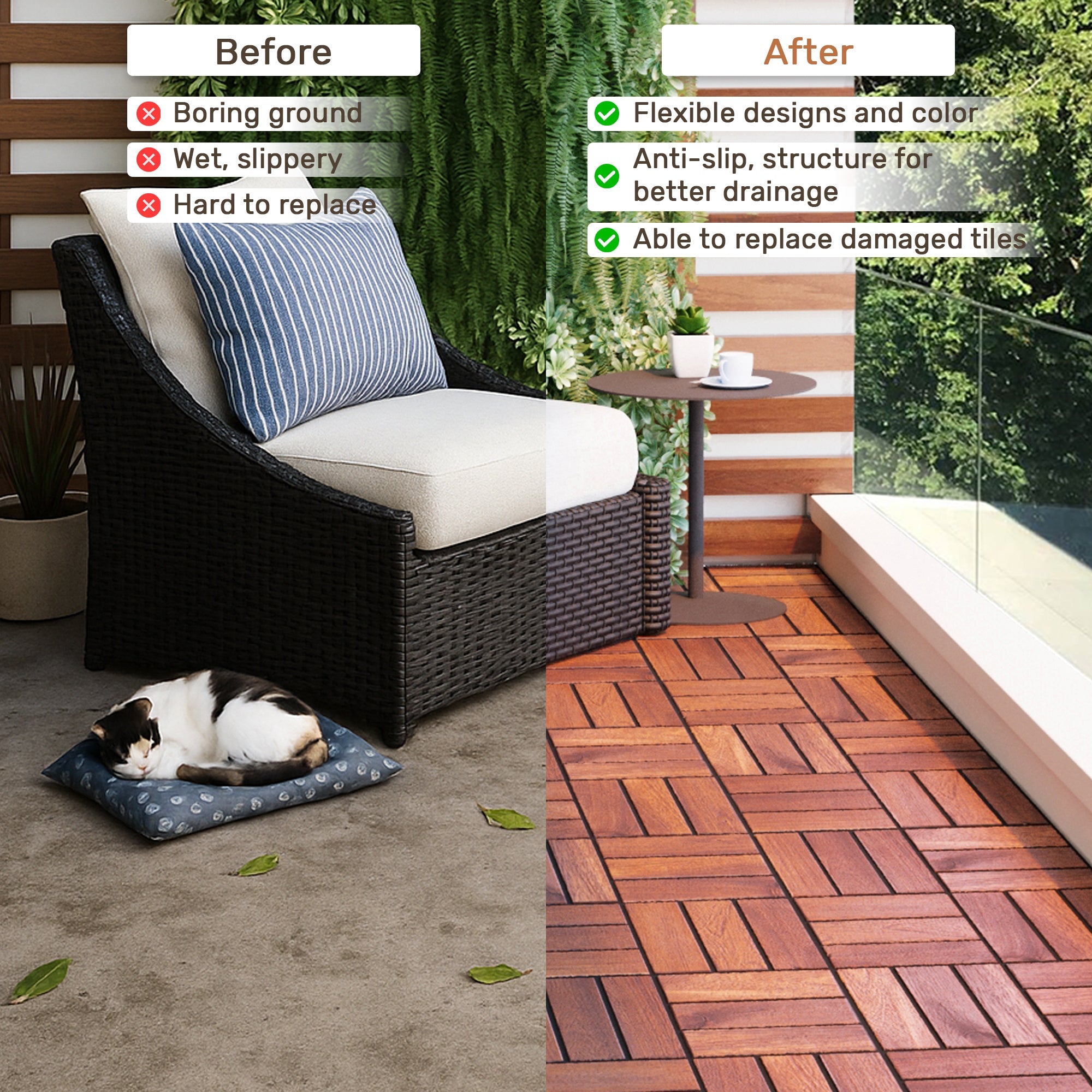 Acacia Wood Interlocking Deck Tiles Checker Pattern, 10PCS 12" x 12" Square