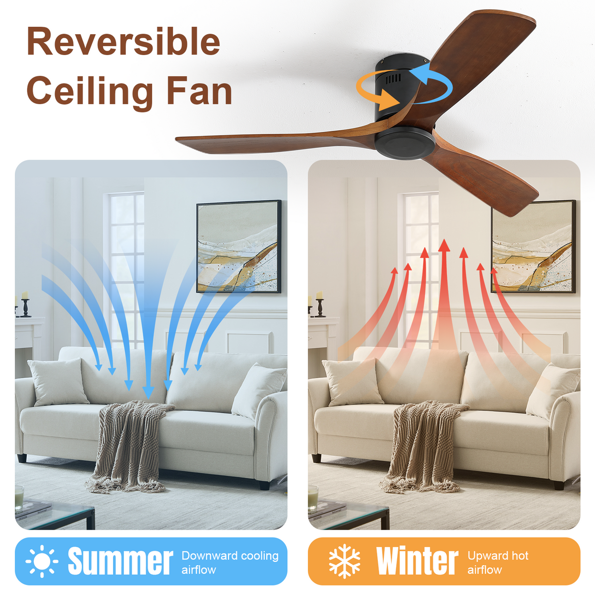 52 Inch Low Profile Ceiling Fan DC 3 Wood Fan Blade