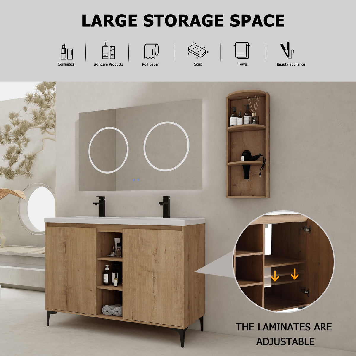 48" Freestanding Bathroom Vanity With Double Sink and Storage Rack