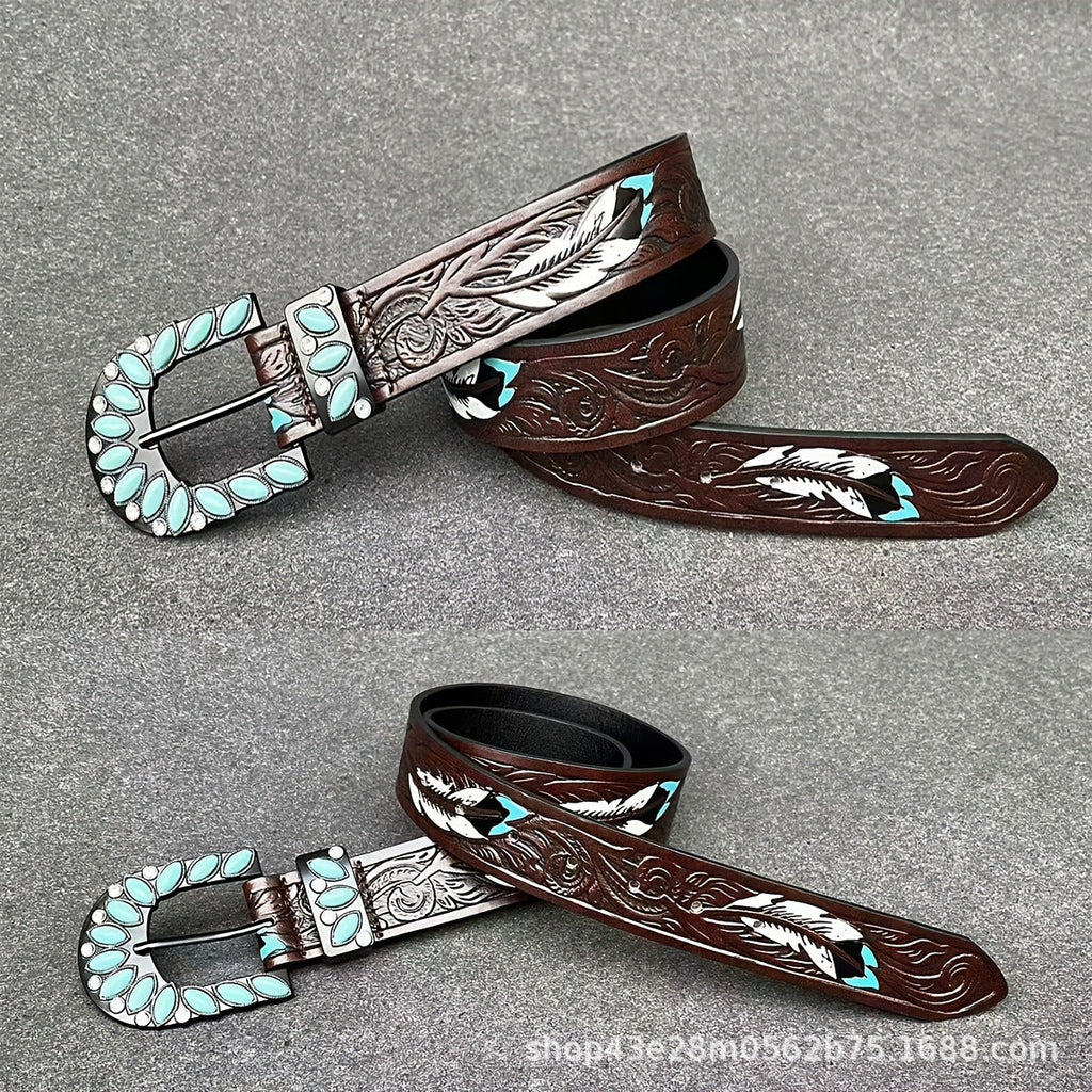 Women's Leather Belt Retro Medieval Turquoise Buckle Waistband Ladies Cowgirl Leather Belt In Stock Wholesale