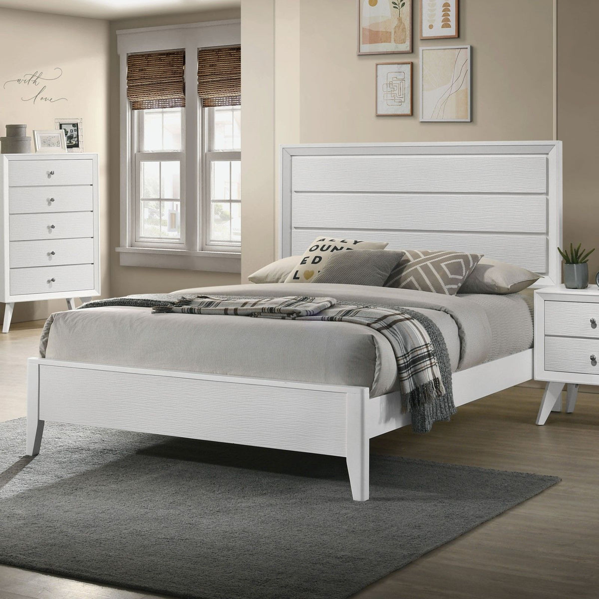 White Eastern King Size Bed Panel Headboard Wave Texture