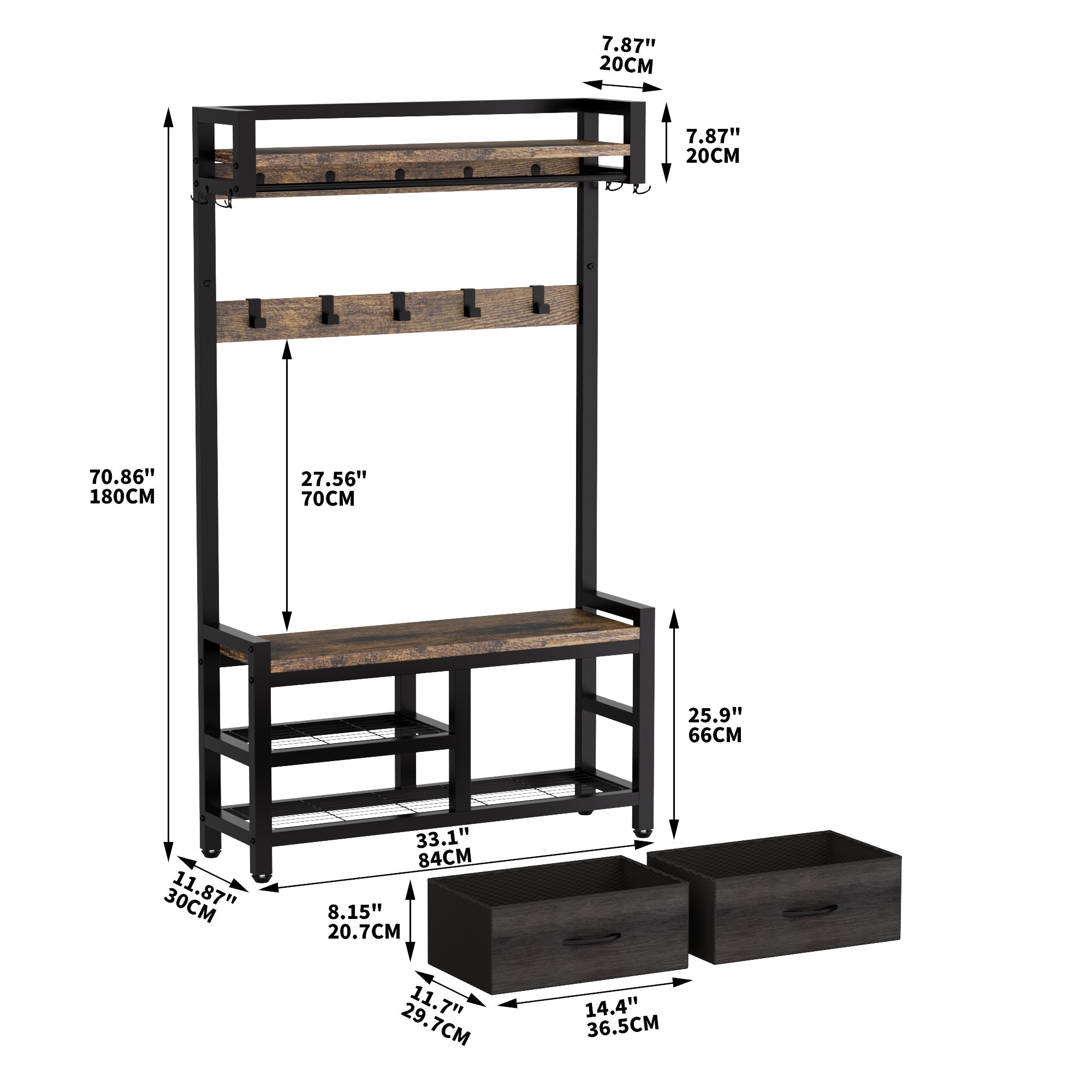 33.1" Wide Hall Tree with 2 Movable Drawers and Shoe Storage