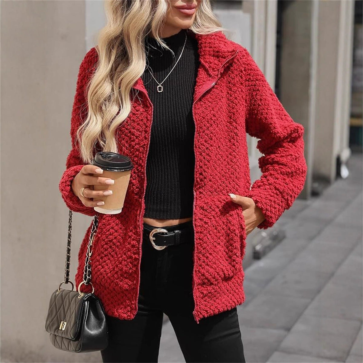 Women's Padded Fleece-Lined Zip-Up Jacket With Pocket And Lapel