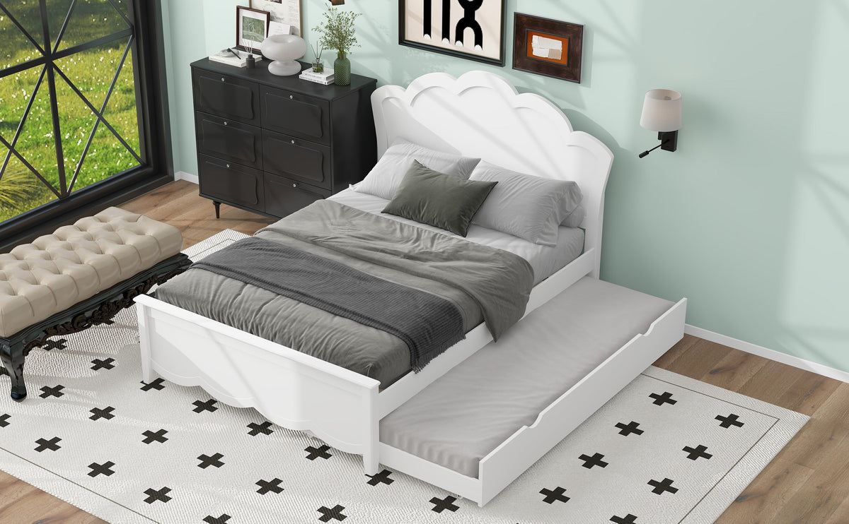 Full Size Wood Platform Bed with Headboard and Twin Size Trundle