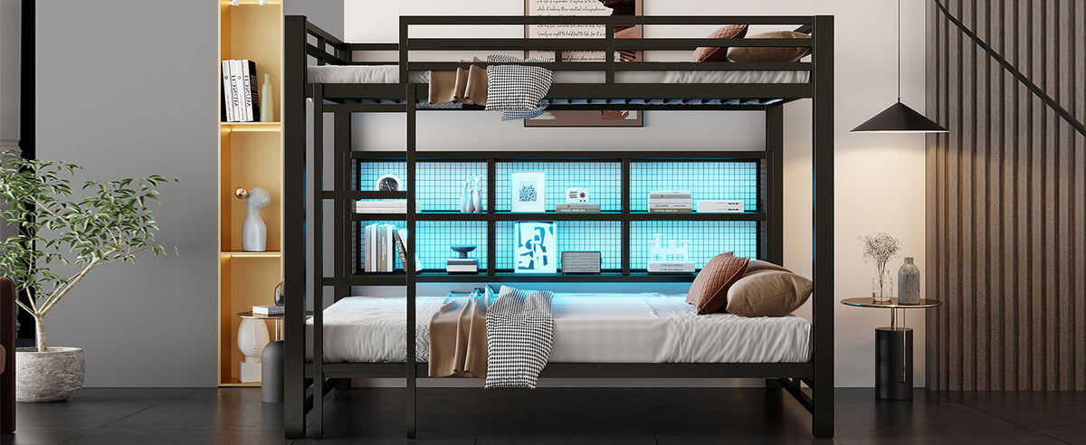 Metal Queen Over Queen Bunk Bed with Storage Cabinets and LED