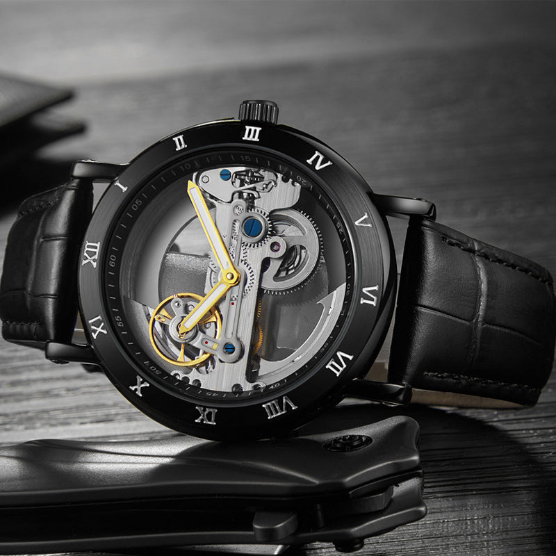 Wolishi Mens Mechanical Watch Leather Strap Waterproof Open-work Design