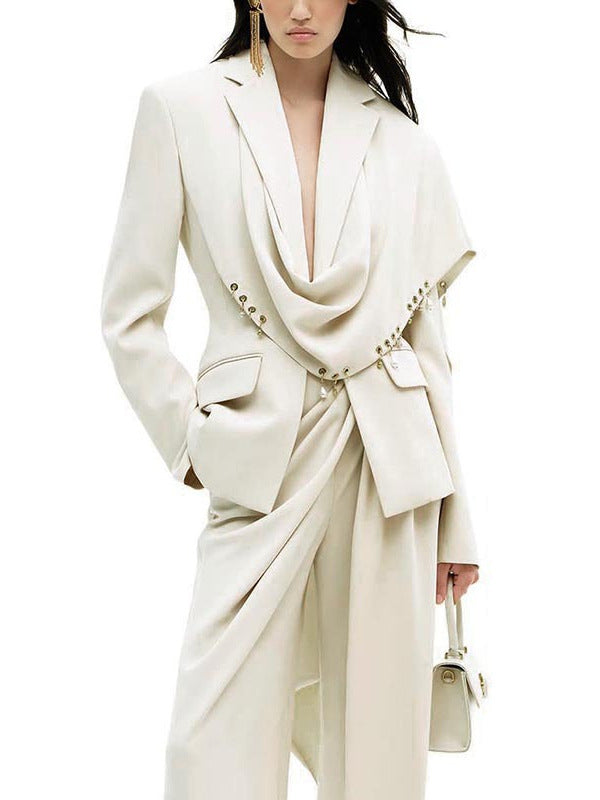 Waterfall Draped Pearl Crystal Bead Trim Asymmetrical Tailored Blazer