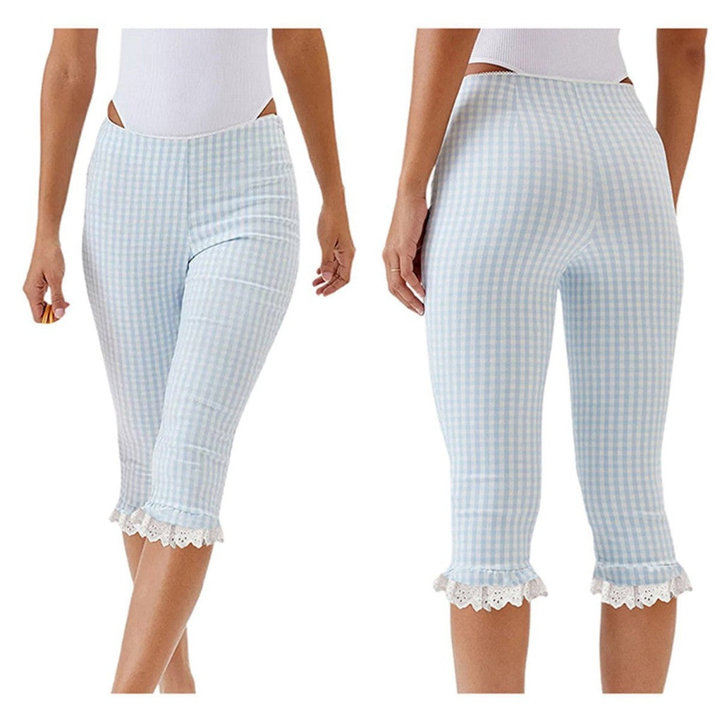 Womens Capri Pants With A Plaid Lace Flounce Hem