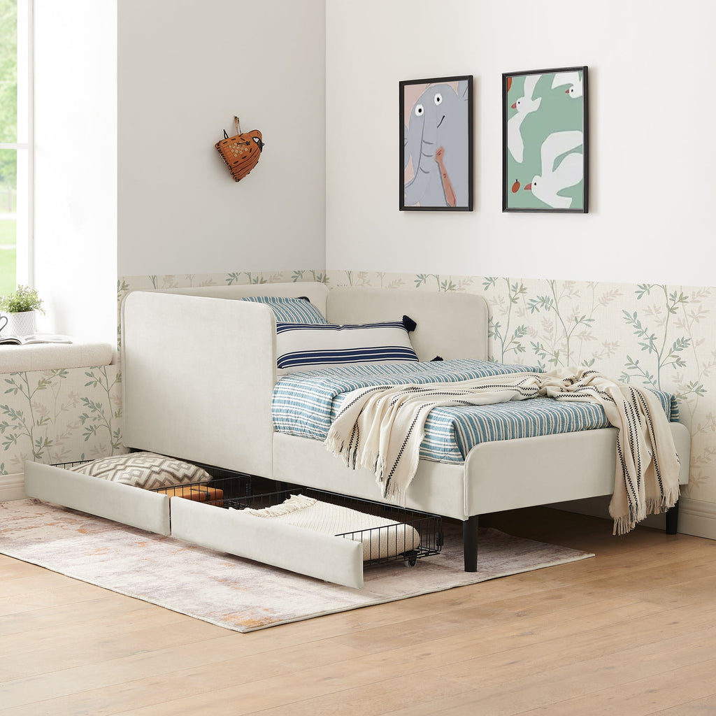 Twin Size Upholstered Platform Bed Frame with 2 Storage Drawers