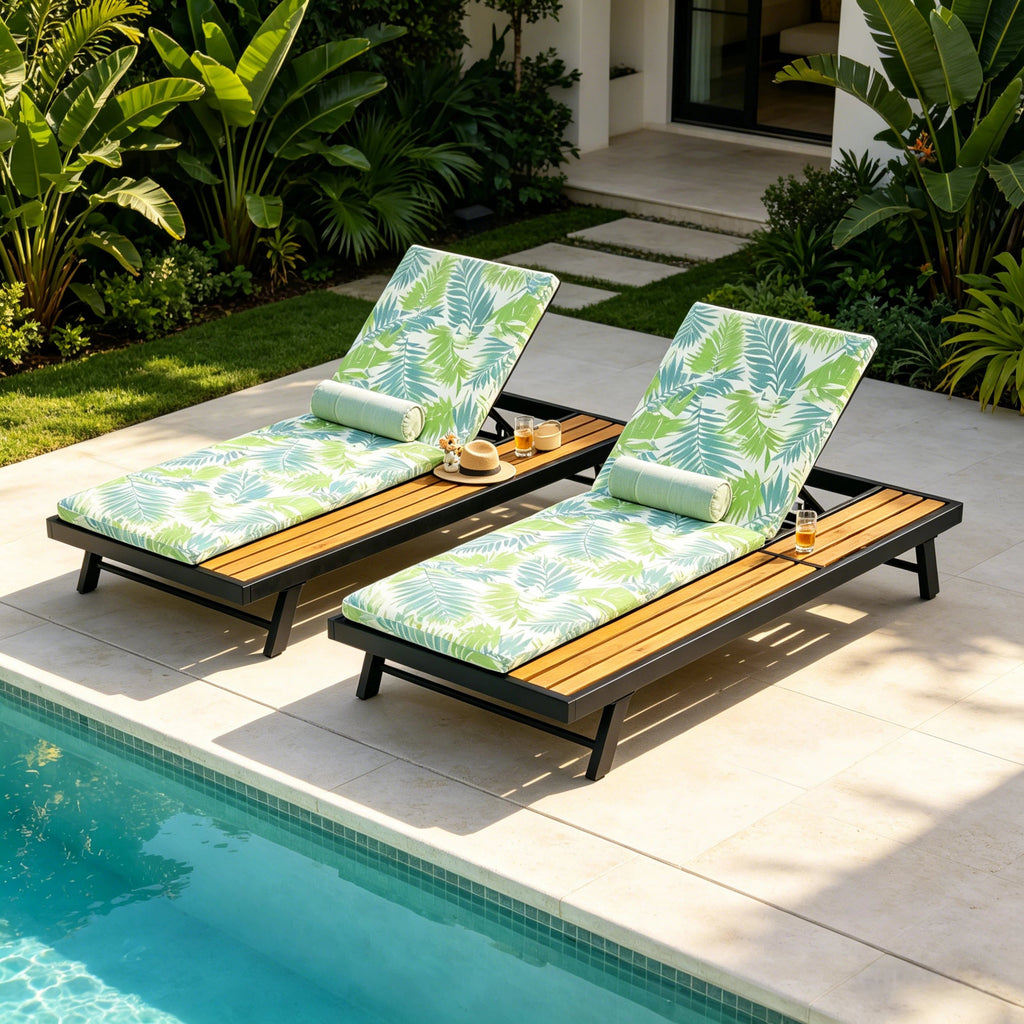 Black Iron + Teak Finish Outdoor Chaise Lounge Set