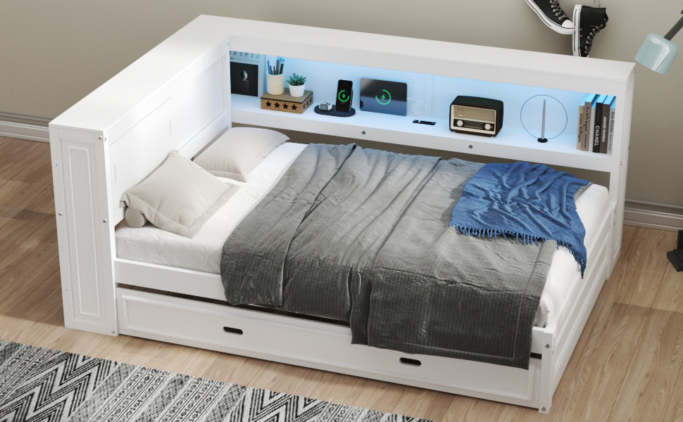 Full Size Wood Daybed with Storage Shelves, USB, LED, and Trundle