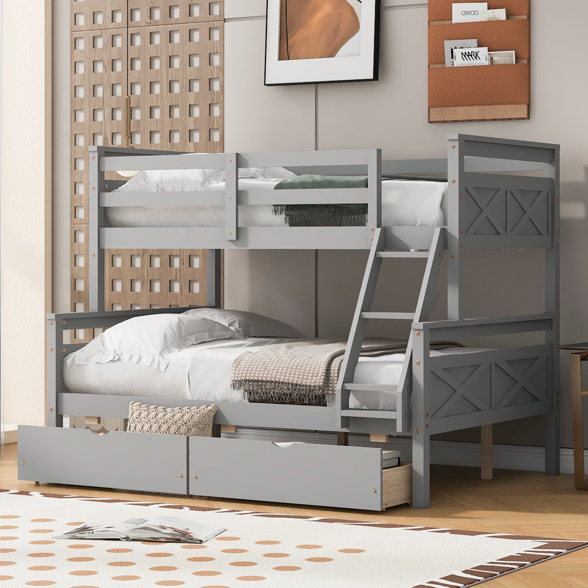 Twin Over Full Bunk Bed with Ladder, Two Storage Drawers, Safety Guardrail