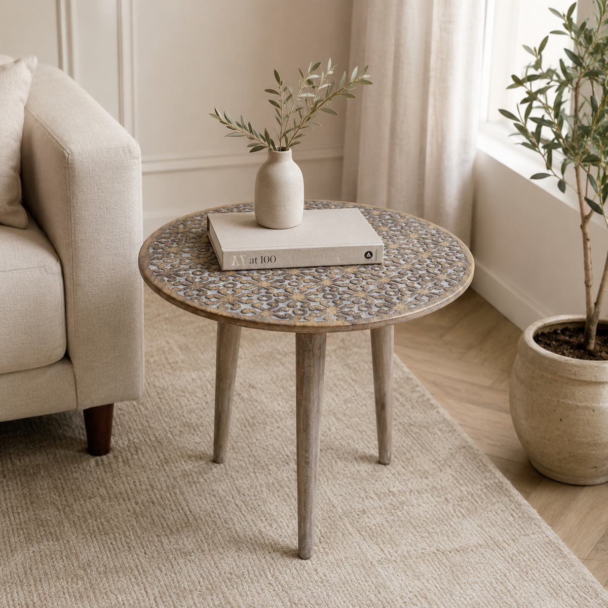 Handcrafted Mango Wood Round Accent Table