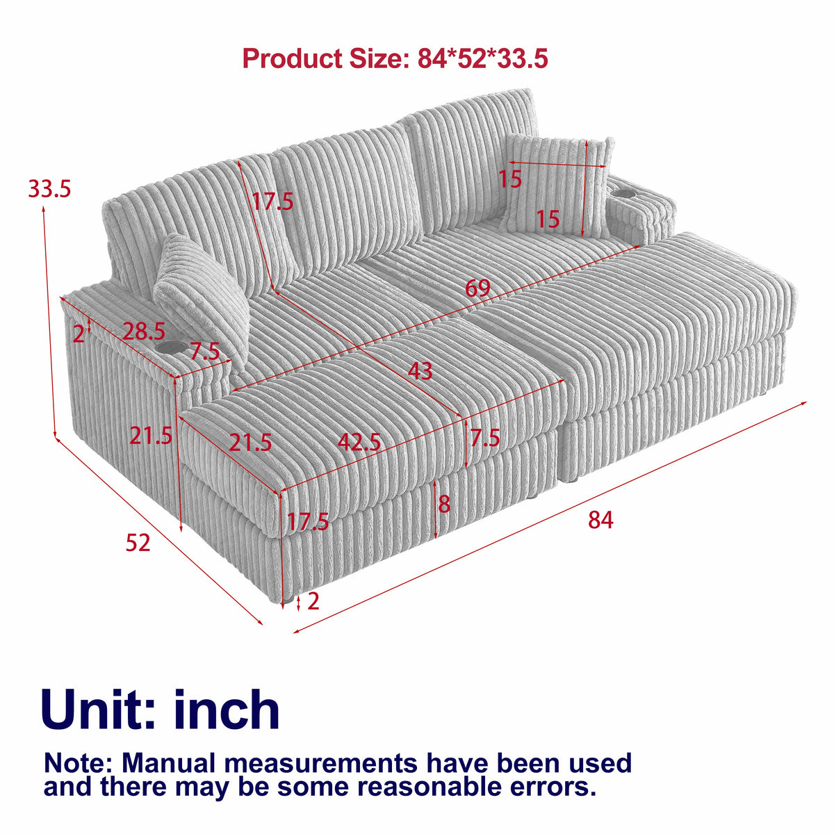 84-Inch Corduroy 3-Seater Sofa