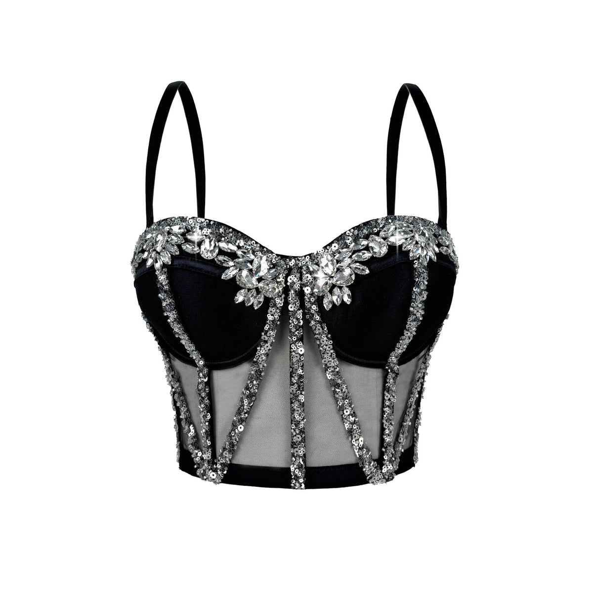 Cross-Border Rhinestone Mesh Fishbone Bra Semi-Transparent Sexy Slimming Suspender Tube Top Slimming  Diamond Fishbone Top Stage
