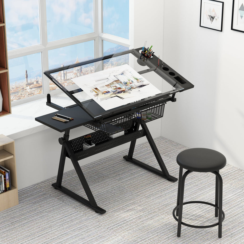 Black Adjustable Tempered Glass Drafting Table with Chair