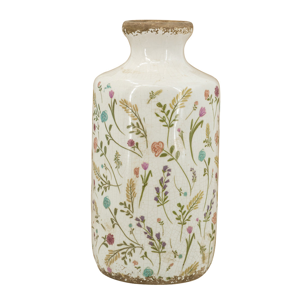 D5.3x10.6" Ceramic Cylinder Vase with Multi-Colored Floral Motifs
