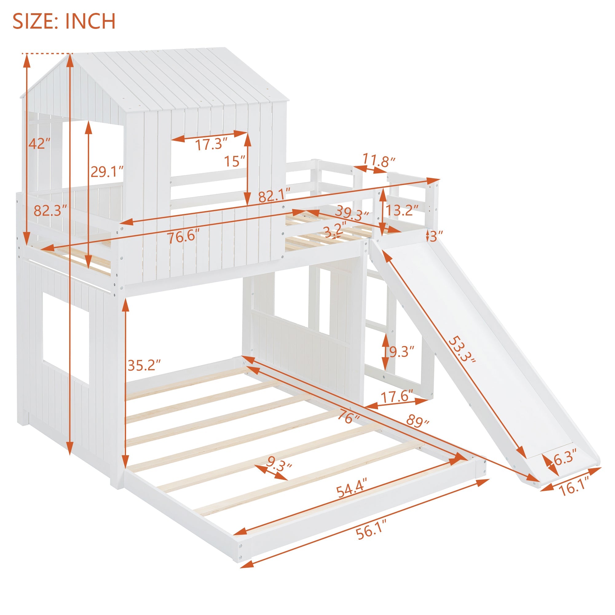 Wooden Twin Over Full Bunk Bed with Playhouse