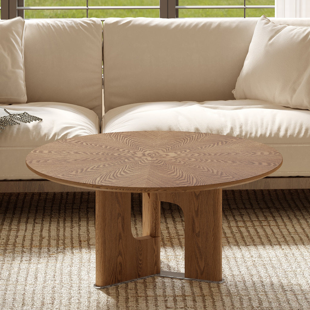 31.5 Inches Round Rustic Ash Wood Veneer Coffee Table