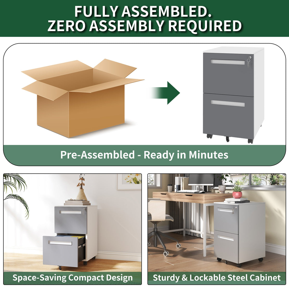 2-Drawer Mobile File Cabinet with Lock