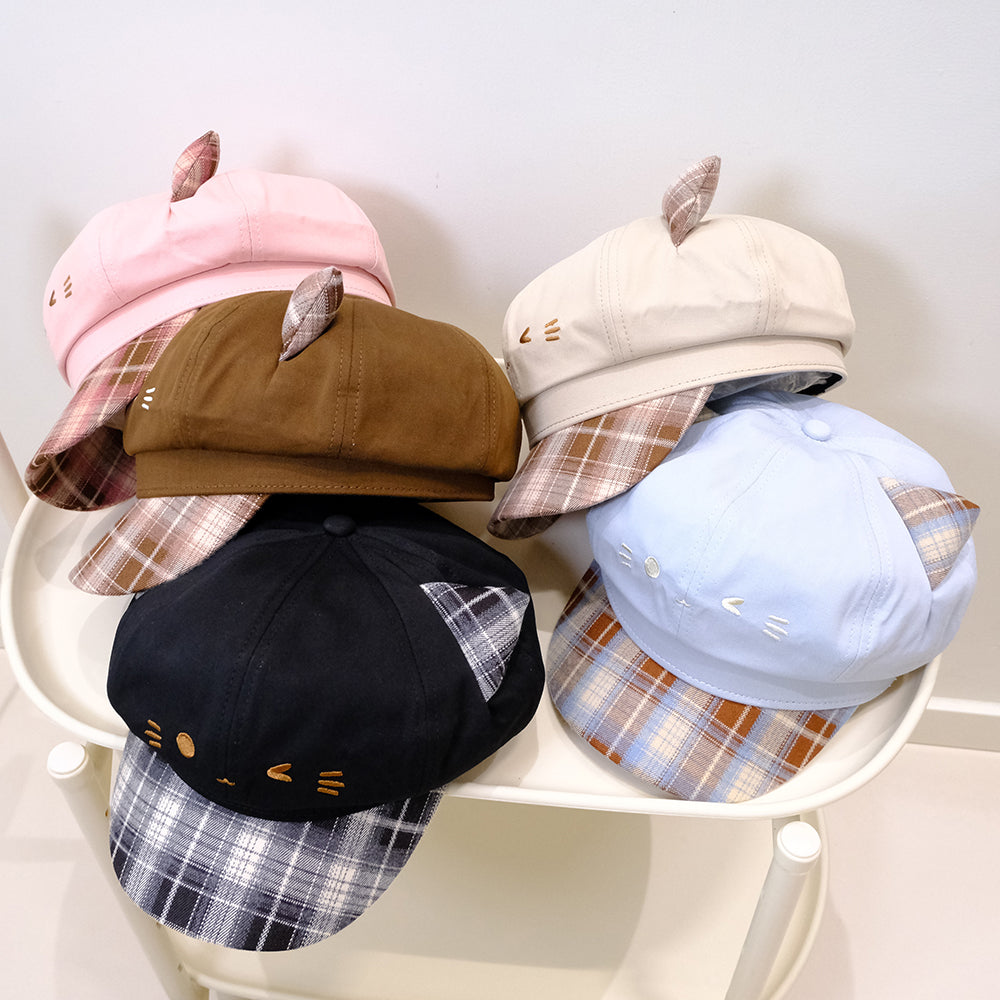 Korean-style Cute Cat-ear Patchwork Checkered Newsboy Hat For Autumn And Winter, Versatile And Suitable For All Occasions, Soft And Sweet Girl's Sweet Bloom Hat