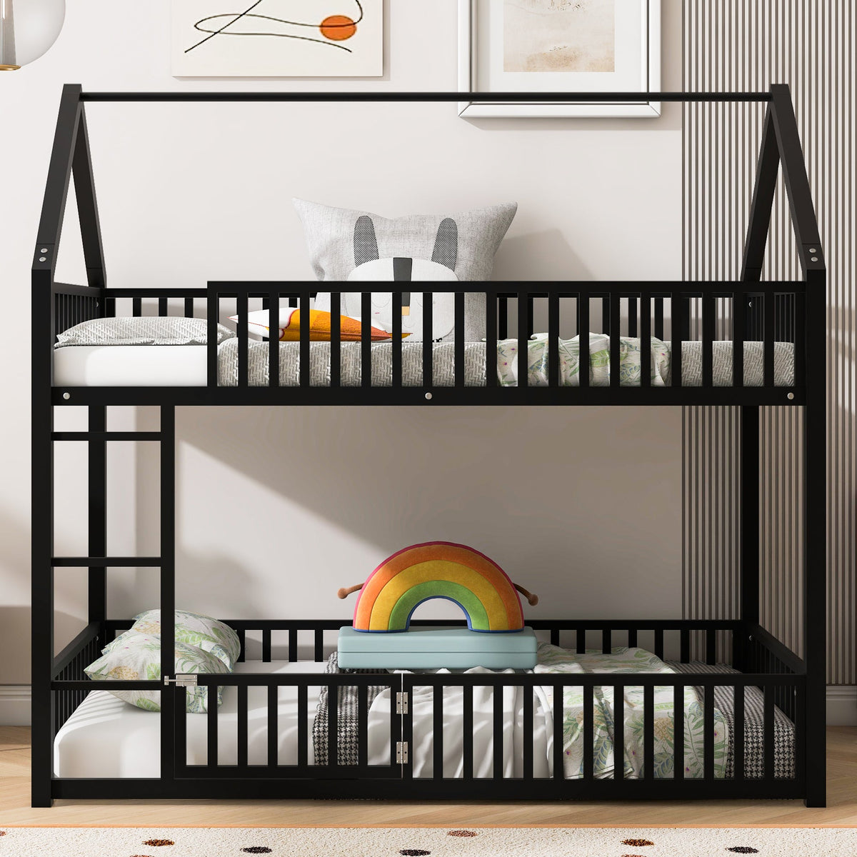 Metal Twin Over Twin House Bunk Bed With Fence And Door