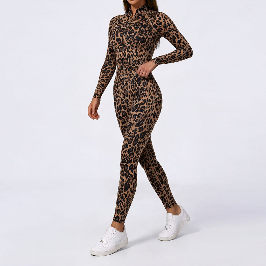 Trendy Leopard-Print Half-Zip Stand-Neck Long-Sleeve Womens Jumpsuit