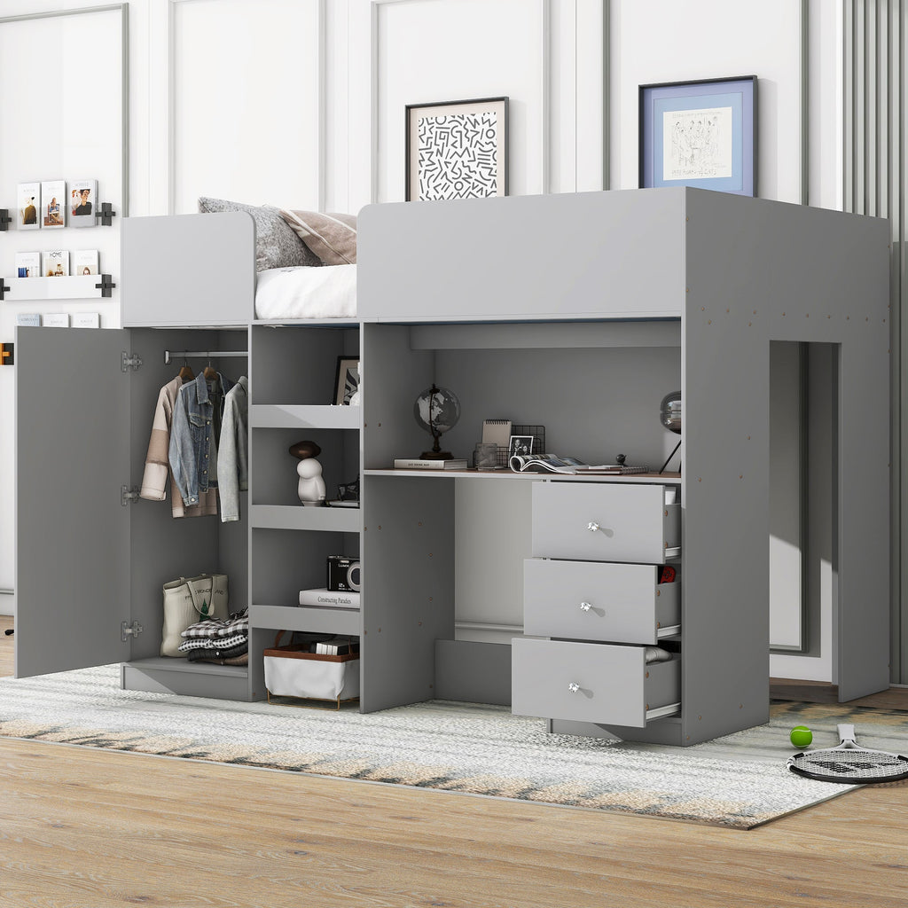 Wood Full Size Loft Bed with Built-in Wardrobe, Desk, Storage Shelves and Drawers