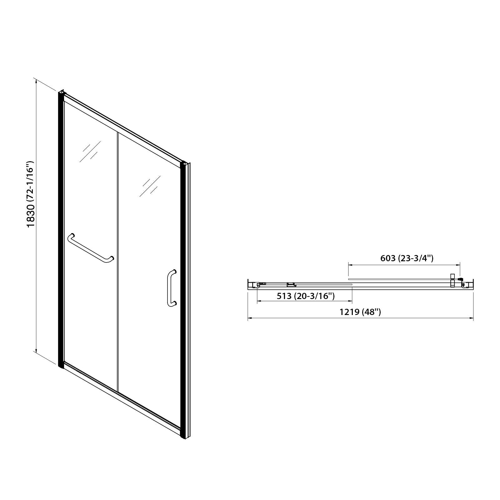 48" W x 72"H Single Sliding Bypass Shower Enclosure