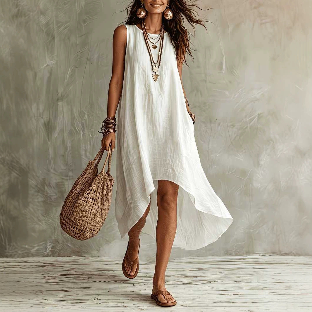 Womens Casual Round-neck Sleeveless Loose-fitting Midi Dress