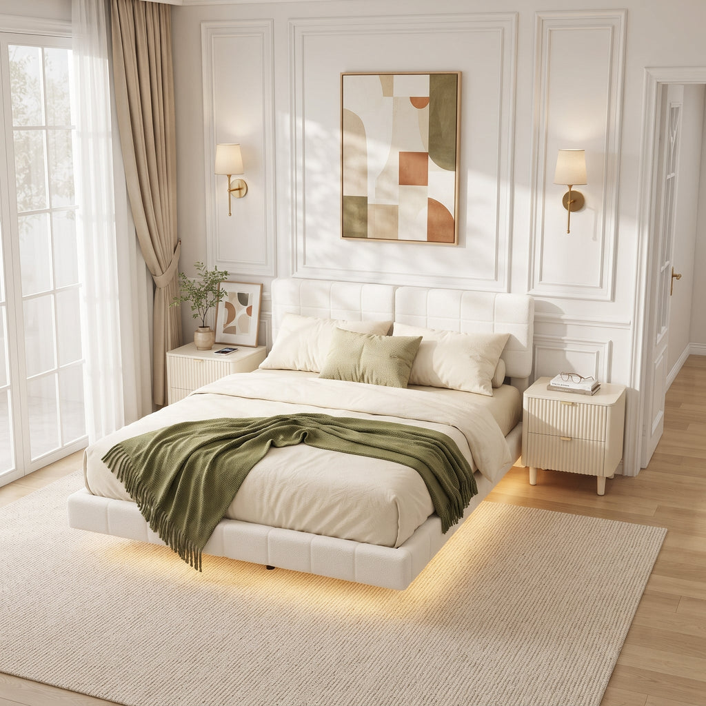 White Boucle Floating Bed with Light, King
