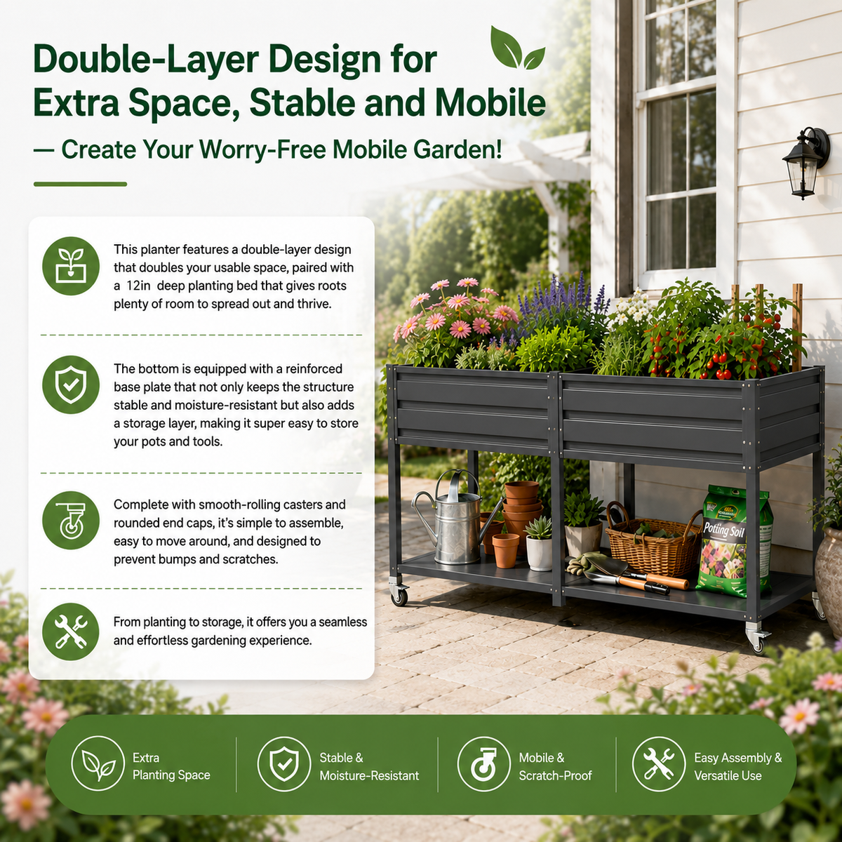 2-Tier Elevated Metal Wicking Garden Bed with Lockable Wheels
